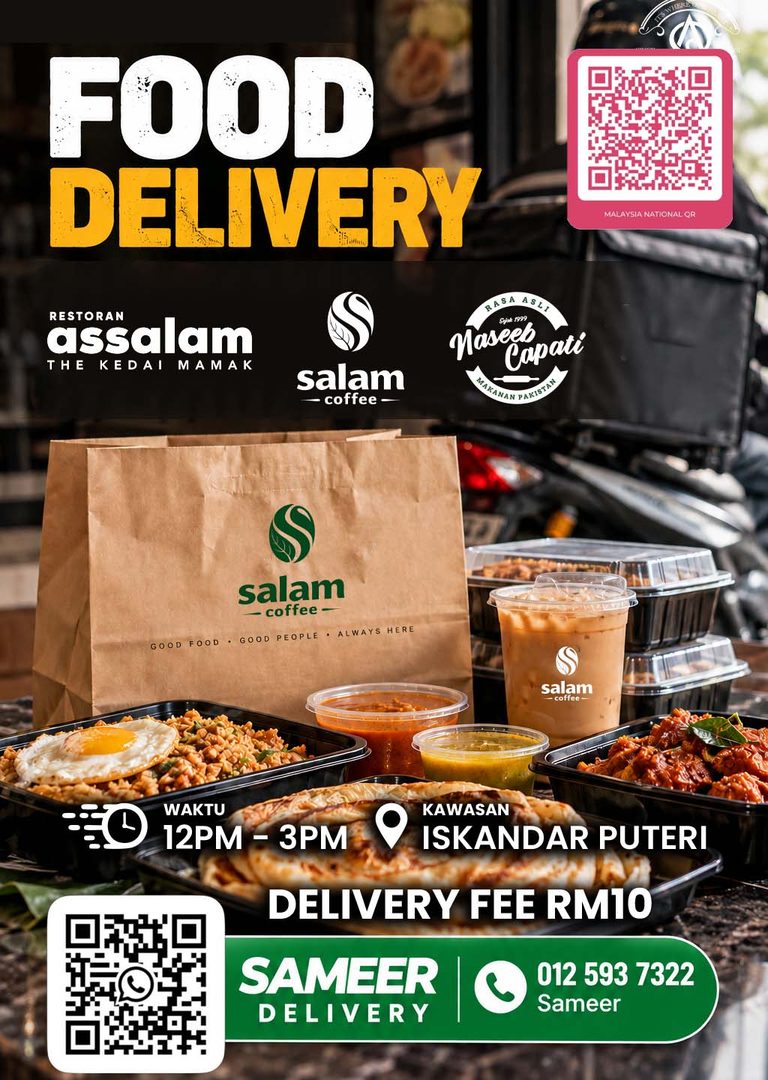 Poster Sameer Delivery — penghantaran makanan Iskandar Puteri, 12 PM hingga 3 PM, caj RM10.